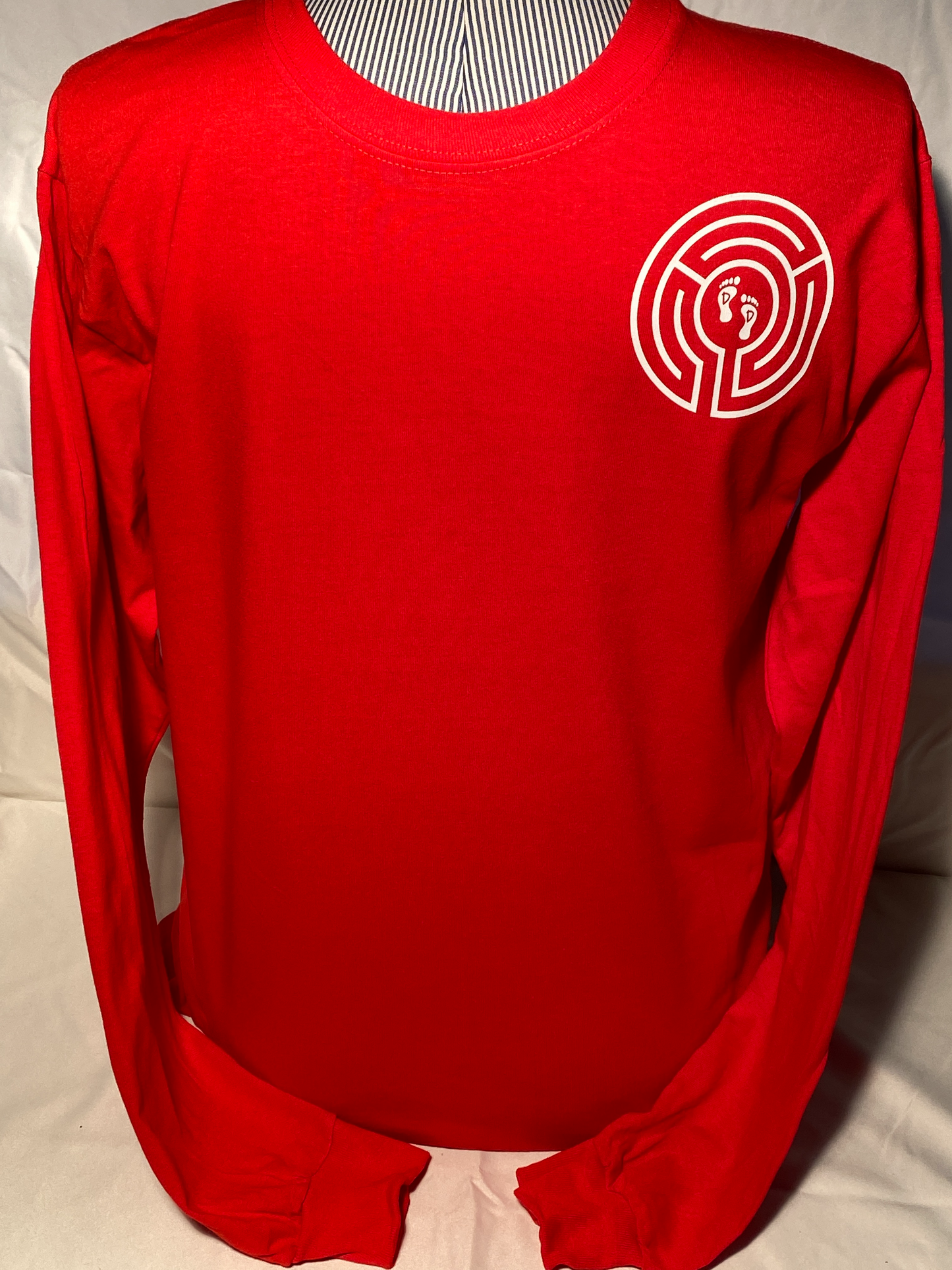 Men's red long-sleeved T-shirt.  This shirt is high quality 5.3 oz., 100% cotton.